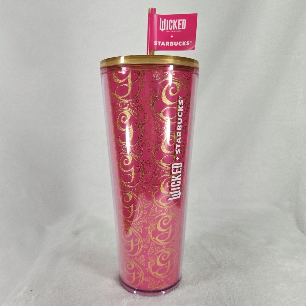Starbucks Wicked Tumbler 24oz Pink Gold Scroll Plastic Cold Cup With Straw